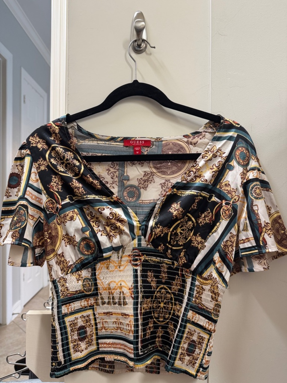 Guess Black Cream Gold Baroque Smocked Crop Top